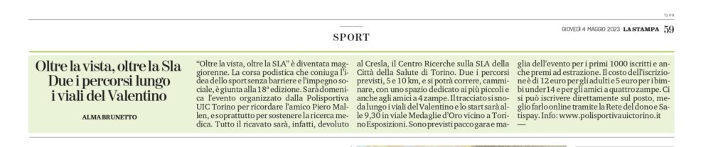 La Stampa, Torino, Sport, 4-5-2023, Titolo "Oltre la vista, oltre la SLA. Due i percorsi lungo i viali del Valentino"